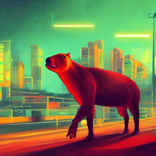 Image similar to capybara, oil painting, cyberpunk synthwave style, riding a motorcycle