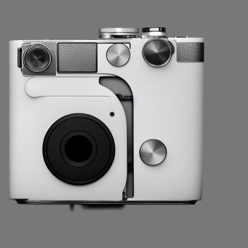 Prompt: photograph of a white medium format camera that looks like an ipod shuffle!!. big shiny lens. lens reflection. apple's design. apple's logo. keep it simple. plain grey background. object centered. highly detailed. shiny lens. artstation, concept art, symmetry, smooth, shallow focus, commercial photography