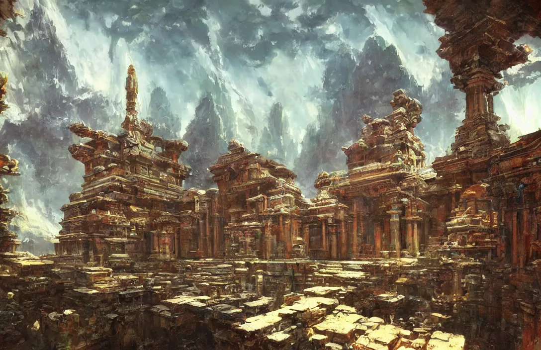 Prompt: a beautiful painting of a ancient temple on another world by john berkey | wide angle | unreal engine :. 3