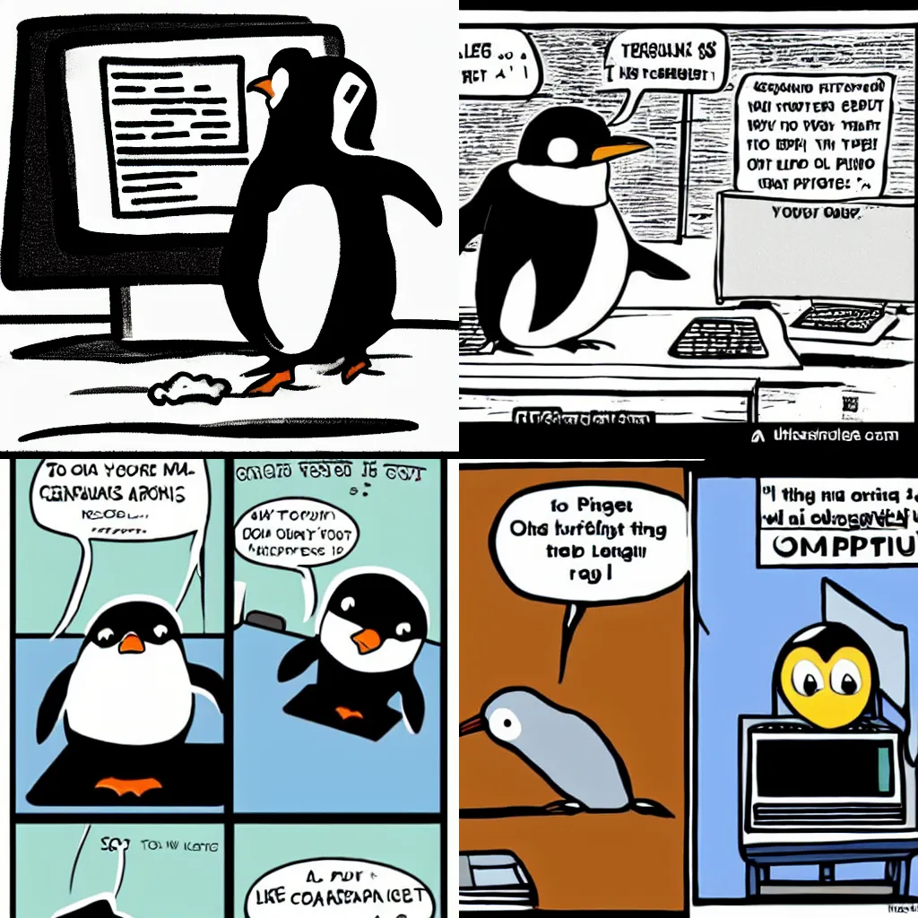 Prompt: a penguin using a computer. Cartoon