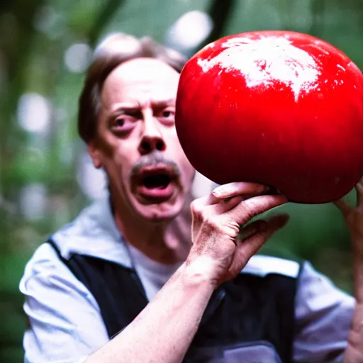 Prompt: portrait photo of steve buscemi finding a giant red mushroom, exhilarated, portrait, closeup. mouth open, 30mm, bokeh