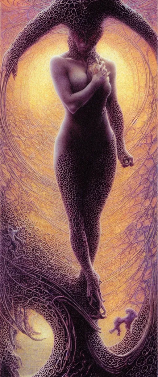 Image similar to cute scarlett johansson on gigeresque planet by jean delville by luis royo and wayne barlowe, beksinski