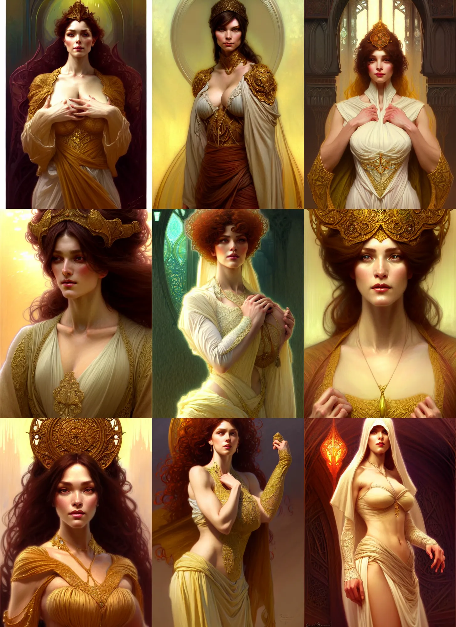 Image similar to character concept portrait of me as modest wife blessed by god to grow ever more intelligent beautiful voluminous muscular tall and virtuous. modestly clothed, intricate, elegant, highly detailed, digital painting, artstation, concept art, symmetry, smooth, sharp focus, illustration, art by gaston bussiere and alphone mucha