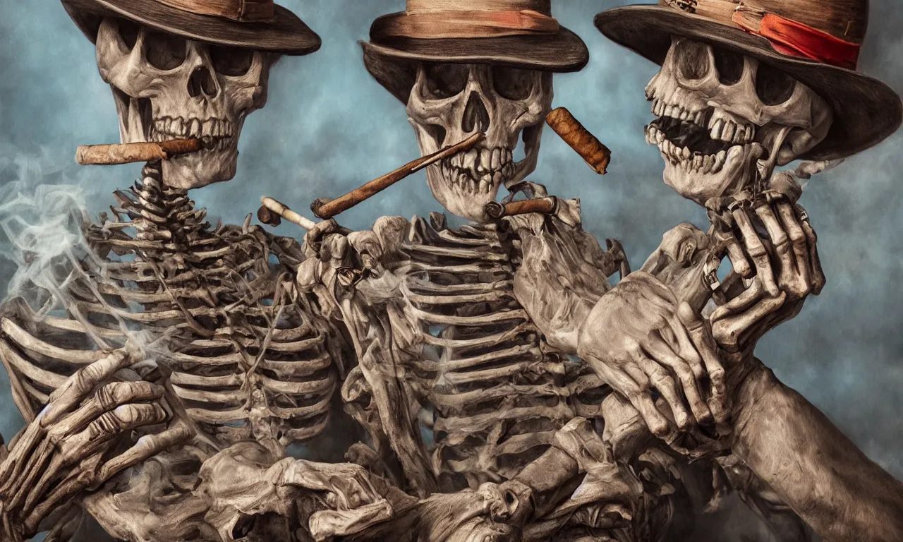 Image similar to skeleton painter wearing a hat and smoking a cigar, hyperrealism, photorealistic art, digital arts, intricate details and composition, surreal colors, 4 k, 8 k, artstation