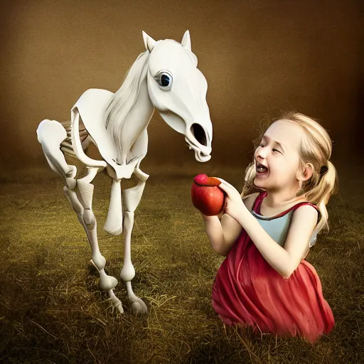 Image similar to a portrait of a little girl feeding an apple to a skeleton horse, the girl looks happy and have bright eyes and a porcelain face, matte painting 3 d watercolour rendering,