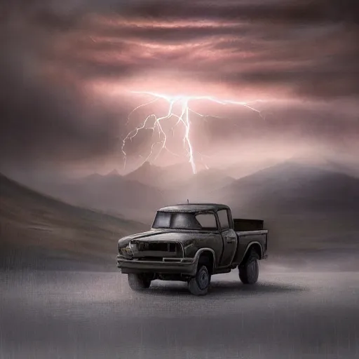 Image similar to a beautiful detailed realistic matte painting of a pick - up truck in a serene landscape with an eerie dark magic lightning portal to another dimension, by john howe and alexander skold and andreas rocha. vray, raytracing, detailed lighting, volumetric lighting, cinematic lighting, very wide shot, f 8