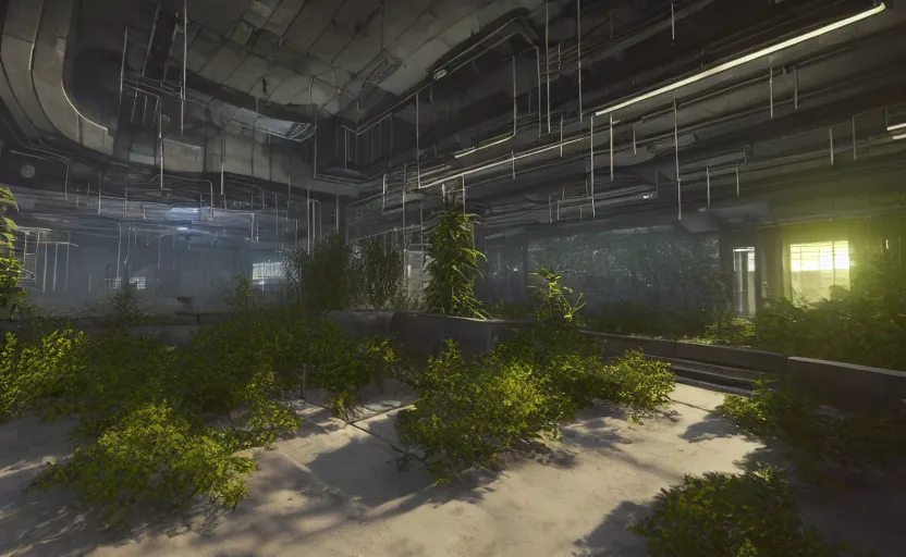 Image similar to in-game screenshot of a group of hazmat scientists on unreal engine 5, in a liminal underground garden, photorealistic, retrofuturism, brutalism, staggered terraces, minimalist, soft vintage glow