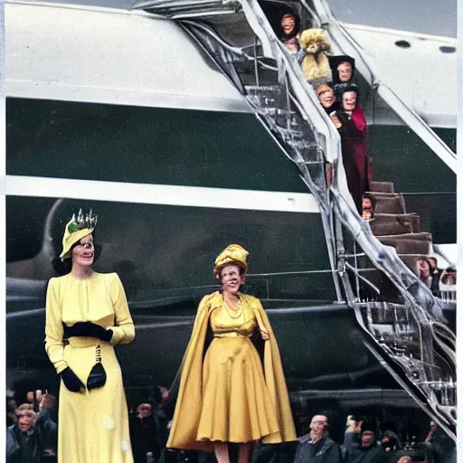 Prompt: a vintage historical fantasy 1 9 3 0 s kodachrome slide german and eastern european mix of the queen of winter and rain is pictured attending a royal tour. she is shown descending a staircase from a luxurious plane, waving to the crowd below. she is donning a pencil skirt and peplum jacket in a yellow and green skirt suit.