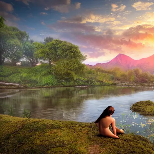 Image similar to a very beautiful fantasy nymph on the bank of a river with morning sunrise in the distance and jagged faded mountains beyond