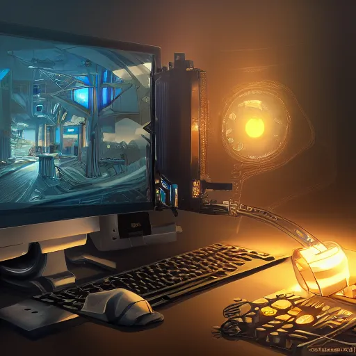 Image similar to a computer with arch linux, detailed illustration, intricate, epic lighting, cinematic composition, hyper realistic, 8 k resolution, unreal engine 5, by artgerm, tooth wu, dan mumford, beeple, wlop, artstation