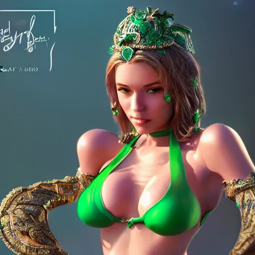 Image similar to wonderful princess of emerald with fair skin in bikini, ornate 8 k gorgeous intricate detailed, accent lighting, dramatic light, octane render