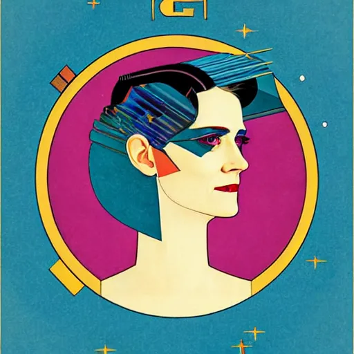 Image similar to Art by Coles Phillips, Portrait of the actress, Eva Green as Space Commander Zeta from the Year 3000, geometric art, poster, no text, Mucha, Kandinsky, indigo, teal, gold