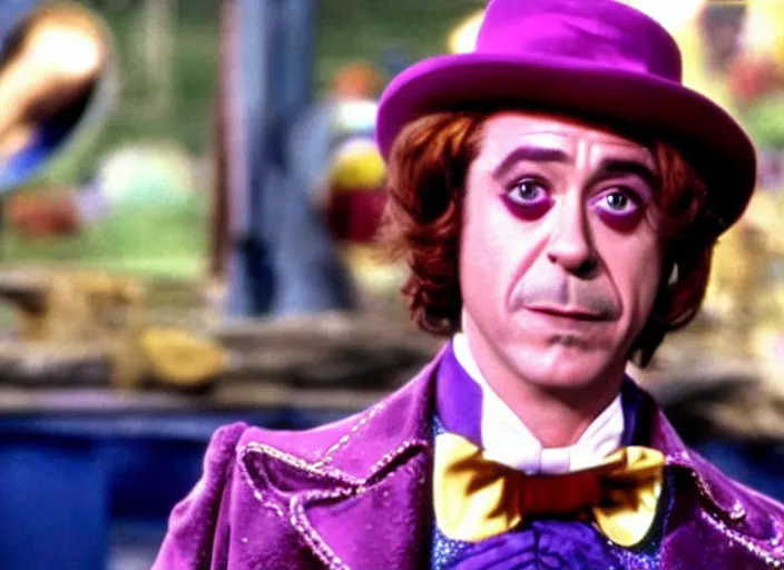 Image similar to film still of Robert Downey Jr as Willy Wonka in Willy Wonka and the Chocolate Factory 1971