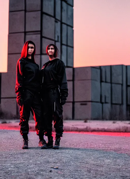 Prompt: cinestill 5 0 d photographic portrait of 2 women wearing black techwear in front of a brutalist sharp - edged metal building, closeup, on a desolate plain with a red sky, dystopia, cyberpunk, closeup, depth of field, 4 k, 8 k, hd, full color