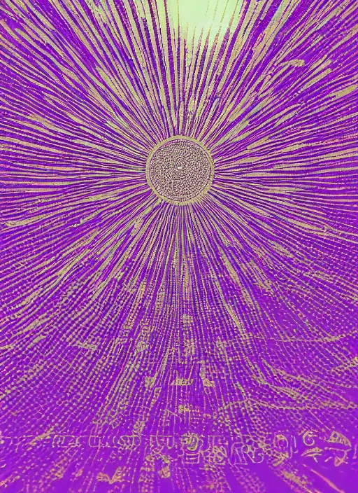 Prompt: rising sun white subtle dawn purple gold god rays crystals simple background graphic ultra simplified fai khadra gaika style