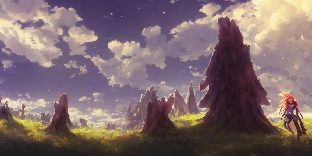 Image similar to isekai masterpiece by mandy jurgens, irina french, rachel walpole, and alyn spiller of an anime woman standing tree log looking up at giant crystals, high noon, cinematic, very warm colors, intense shadows, ominous clouds, anime illustration, anime screenshot composite background