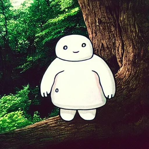 Prompt: “ small fat white blob creature with red hair climbing a tree, 9 0 s cartoon ”
