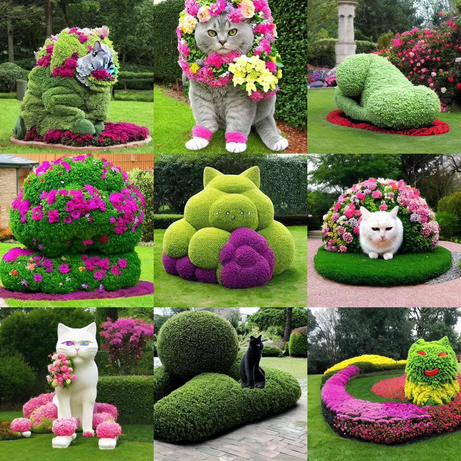 Prompt: a large flower bush in the shape of an epic cat