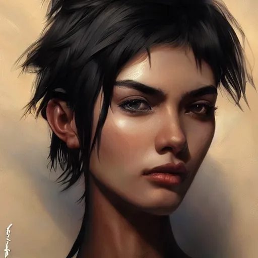 Image similar to woman with short, spiky black hair and dark skin, slanted amber eyes, long thin scar on her face. highly detailed, digital painting, artstation, concept art, sharp focus, beautiful face, expressive eyes, illustration, art by Artgerm and greg rutkowski and alphonse mucha