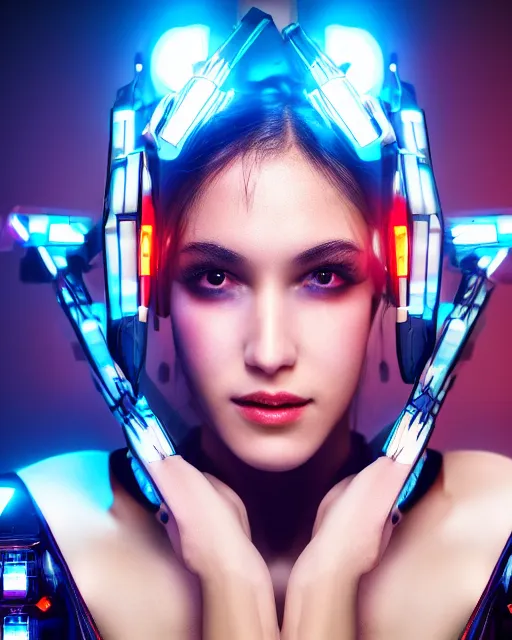 Image similar to portrait photo of female dancer as a cyberpunk mecha humanoid robotic head shoulder parts with straight bright led lights, under heavy rain, ultra - realistic and detailed, hdr 8 k