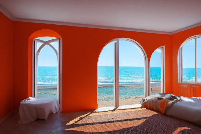 Prompt: a room with orange walls white floor contrabas, a big window with a view of the beach and sea, beautiful cinematic masterpiece very detailed