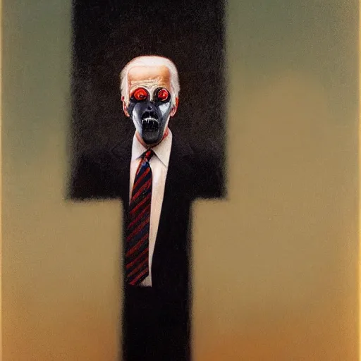 Image similar to presidential portrait of joe biden with smoking eyes and mouth as slenderman, by beksinski, jon mcnaughton, and stephen gammell