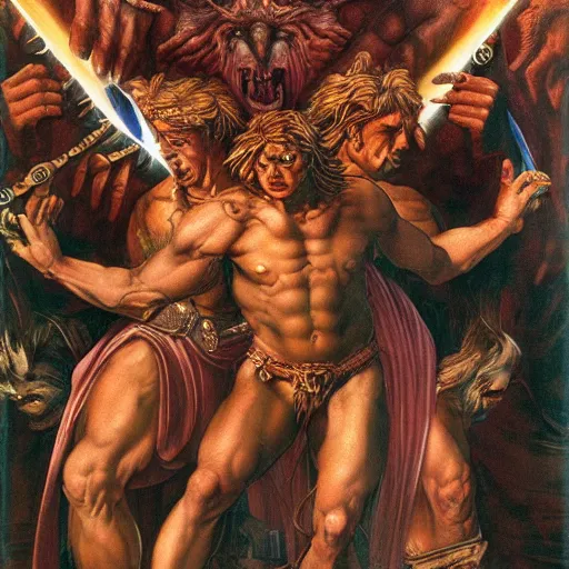 Image similar to unhinged revenge of the fierce but aesthetic Chaldean terror by Jeff Easley and Michelangelo, fantastic reality, detailed and beautiful faces, dramatic lighting, establishing shot, 8k resolution – W 1024