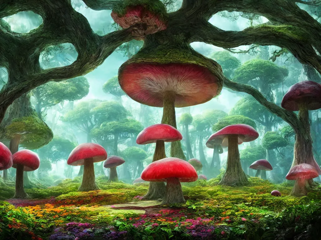 Image similar to a beautiful otherworldly fantasy landscape of giant mushroom trees forming canopies over bright colorful mythical floral plants, like alice in wonderland, rendering, cryengine, deep color, vray render, cinema 4 d, cgsociety, bioluminescent