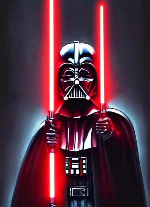 Prompt: photorealistic portrait art of Darth Vader in a black room holding a red lightsaber lighting up half of his face, ambient lighting, dynamic lighting, hyper realistic, concept art, stunning visuals, cinematic