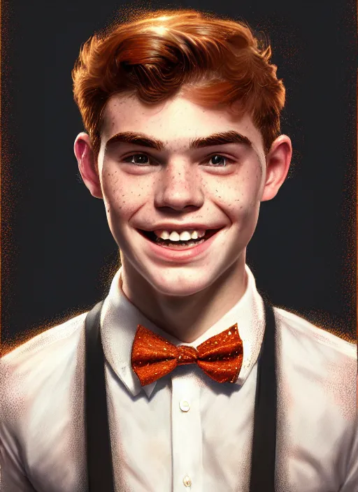 Image similar to portrait of teenage archie andrews, freckles, curly middle part haircut, curly hair, smiling kindly, wearing a bowtie, intricate, elegant, glowing lights, highly detailed, digital painting, artstation, concept art, smooth, sharp focus, illustration, art by wlop, mars ravelo and greg rutkowski