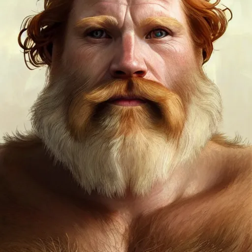 Prompt: beautiful natural middle aged bearded and very hairy male ginger god wearing only a white perizoma loincloth, intricate, elegant, highly detailed, digital painting, artstation, concept art, smooth art, sharp focus, illustration, art by artgerm and greg rutkowski and alphonse mucha and loish and WLOP