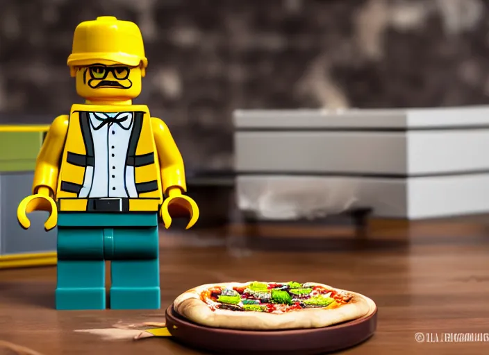 Image similar to product photo still of walter white throws pizza on the roof of house lego set, 8 k, 1 2 0 mm macro, f 1. 8, studio lighting, key light