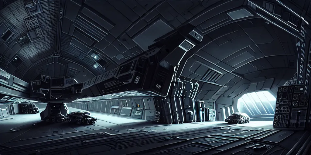 Prompt: an extremely detailed masterpiece epic scene of the inside of a cavernous spaceship cargo bay with various types of parked militarized spacecraft and an opened hanger door space scene in background, in the style of lebbeus woods, intricate, elegant, highly detailed, digital painting, artstation, cinematic lighting, extremely moody lighting, glowing light and shadow, 8 k