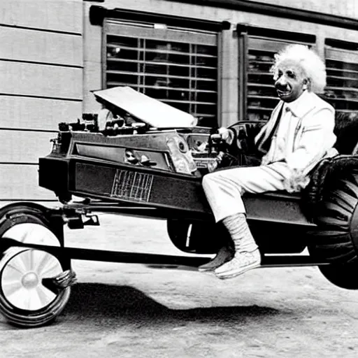 Prompt: Albert Einstein driving a Star Wars Speeder bike