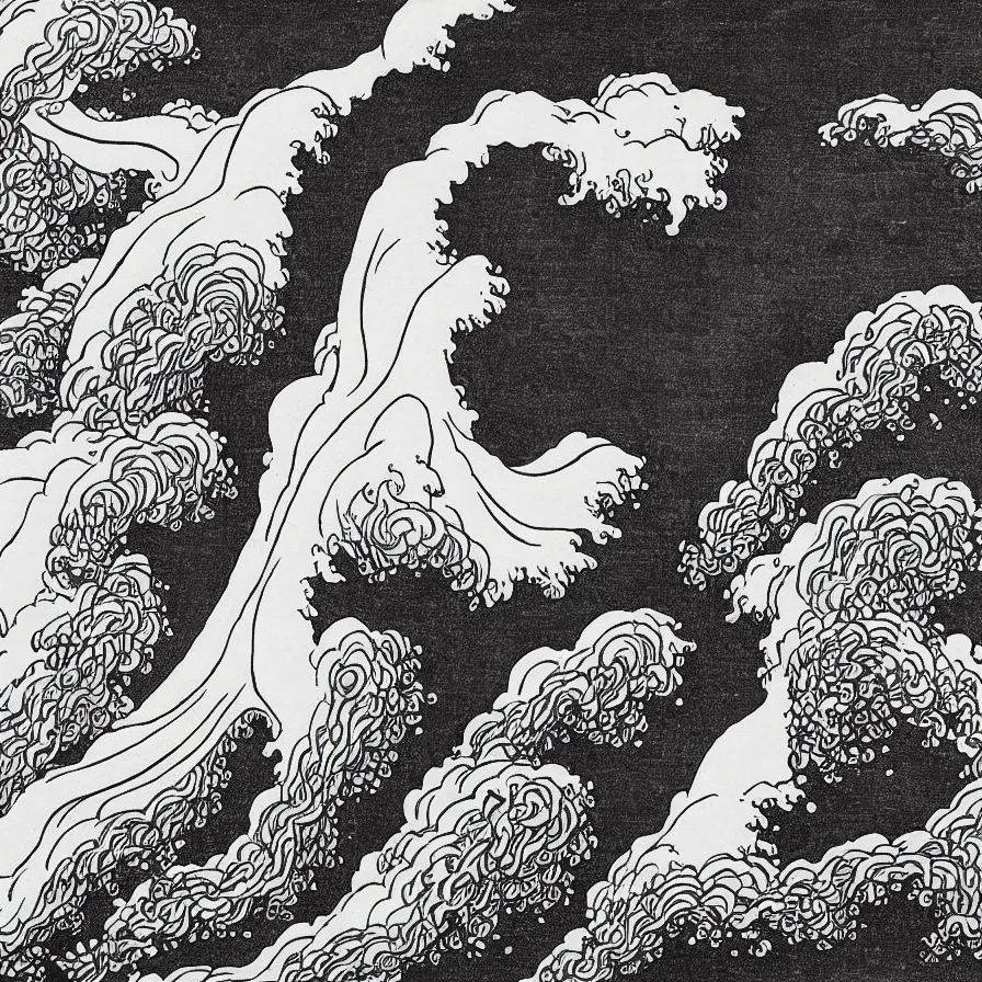 Image similar to japanese black and white lineart of an erupting volcano, hokusai style