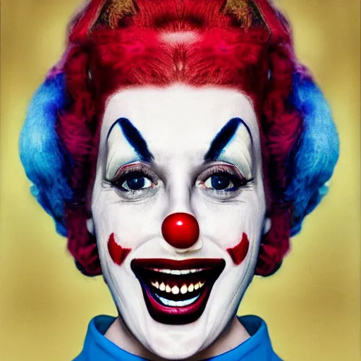 Prompt: portrait of marine lepen as a clown, symmetrical, nikon 3 5 mm photography, ultrarealistic