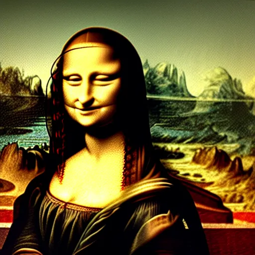 Prompt: portrait of the mona lisa, photography, photorealistic, shot on a wide angle fisheye lens