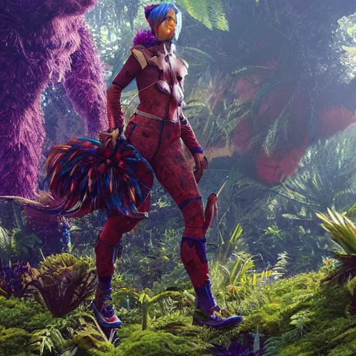 Prompt: explorer woman walking in animal fur armour, walking in a dense alien jungle with colourful red, blue and purple plants, large vines, mossy organic rock structures, in the style of monster hunter world, like concept art on artstation, hyperdetailed, vray render, octane render,