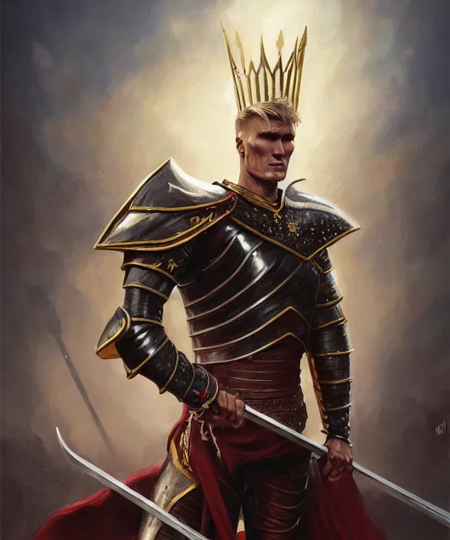Prompt: a ( fantasy comic ) ( cover art ) portrait of ( young dolph lundgren ) as a ( royal knight ) kneeling before the viewer, oil painting by greg rutkowski and serhiy krykun and artgerm, photorealistic, d & d, highly detailed!, hd, 4 k, trending on artstation
