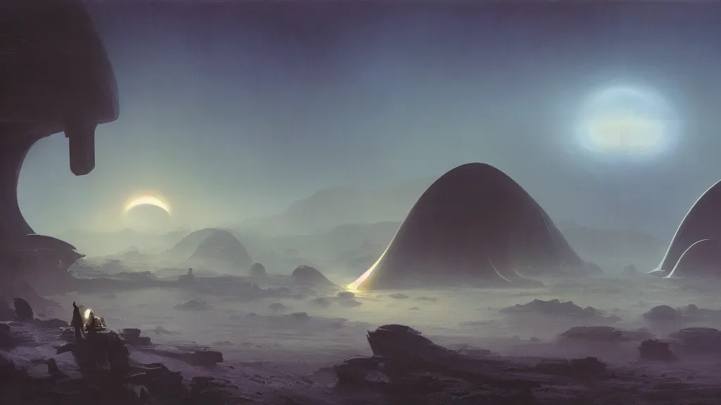 Image similar to otherworldly atmosphere of an alien planet by arthur haas and bruce pennington and john schoenherr, cinematic matte painting, zaha hadid building, 8 k realistic, dark moody colors