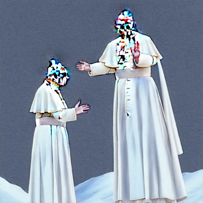 Image similar to pope joseph ratzinger standing on a snowy mountain slope. wearing long white dress. blessing with the hand. detailed cloth, detailed face. concept art. matte painting