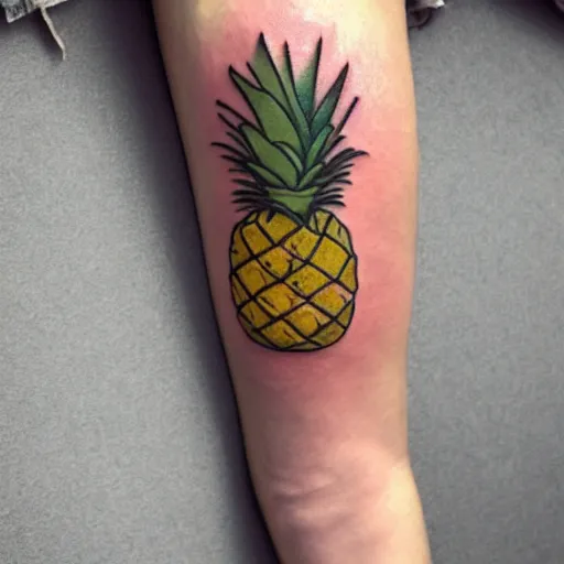 Image similar to a ripe luscious pineapple tattoo on an arm that's also edible. high resolution, 3 d, ue 5.