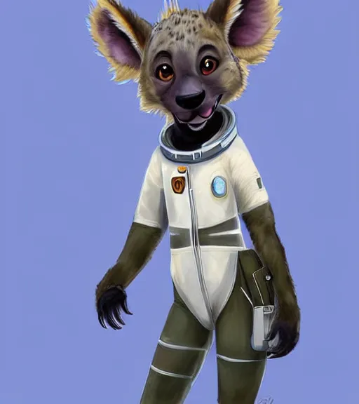 Prompt: full body digital artwork of furry female hyena, in style of zootopia, fursona, furry, furaffinity, deviantart, wearing astronaut outfit, floating in space, detailed face, style of artgerm,