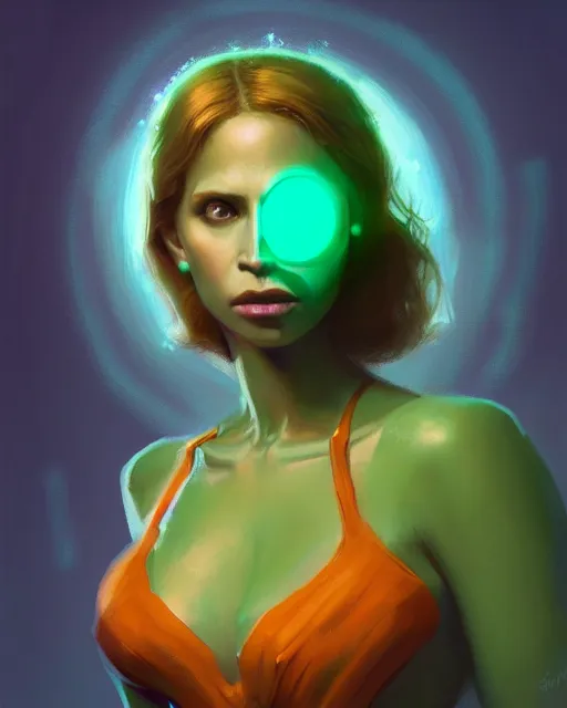 Prompt: invisible woman, thin tiara, green halter top, orange skirt, cinematic, highly detailed, psychedelic, digital painting, artstation, smooth, hard focus, illustration, art by jessica rossier and and brian froud