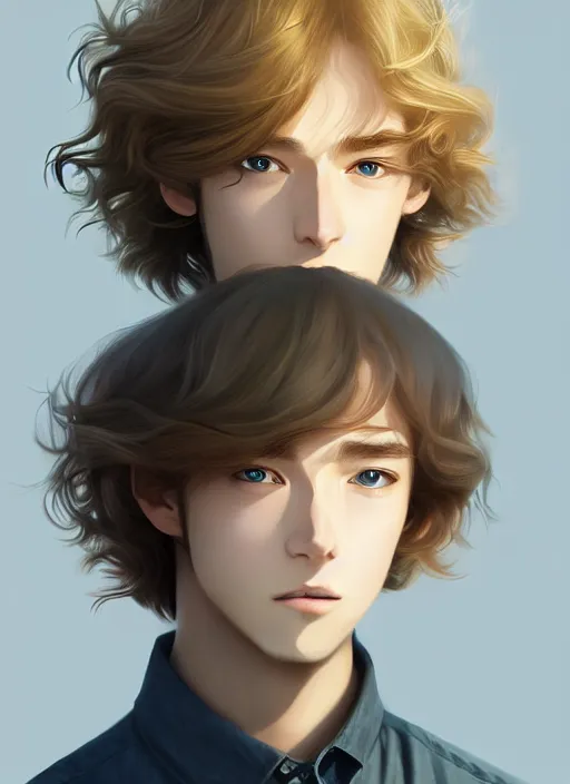 Image similar to young man with medium - length, curly, golden hair, sorrow, perfectly proportioned face, aquamarine eyes, natural lighting, path traced, highly detailed, high quality, cartoon, digital painting, by new haicheng and studio ghibli