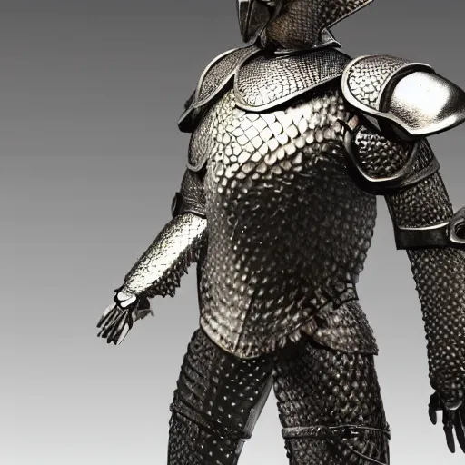 Prompt: a humanoid Pangolin armored knight with metallic armor that looks similar to a pangolin and biotechnology mesh