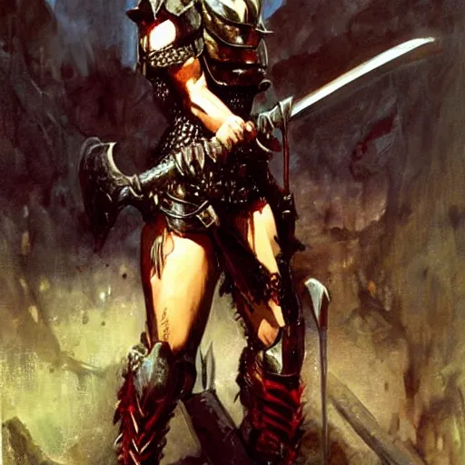 Image similar to portrait of a waifish goth wearing armor and holding sword by frank fazetta, fantasy, barbarian