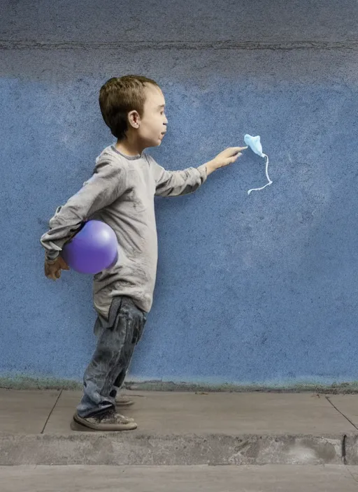 Image similar to a side profile of a boy holding a single blue balloon on a concrete background in the style of Banksy, graffiti, digital art