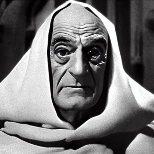 Prompt: film still, Louis de Funes as Emperor Palpatine