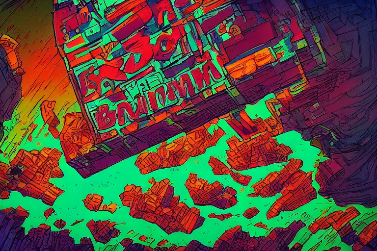 Image similar to he who prohibits, in the style of peter lloyd and gahan wilson, trending on artstation, dramatic lighting camera view from above strong colors, sabattier filter, 6 0 s kitsch and psychedelia, trending on artstation, modern art